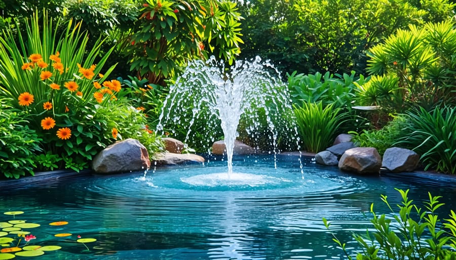 Pond with a fountain providing natural aeration and aesthetic appeal