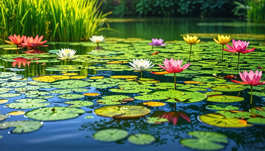 A serene pond scene showcasing diverse water plants including water lilies and duckweed