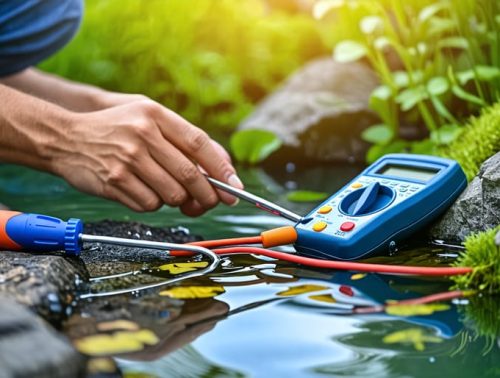 A person inspecting a weather-damaged GFCI outlet near a tranquil pond, surrounded by tools for troubleshooting pond pump electrical problems.