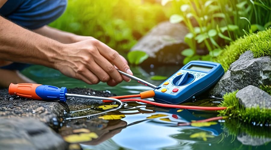 A person inspecting a weather-damaged GFCI outlet near a tranquil pond, surrounded by tools for troubleshooting pond pump electrical problems.