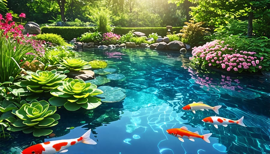 Example of a well-maintained garden pond with clear water and healthy ecosystem