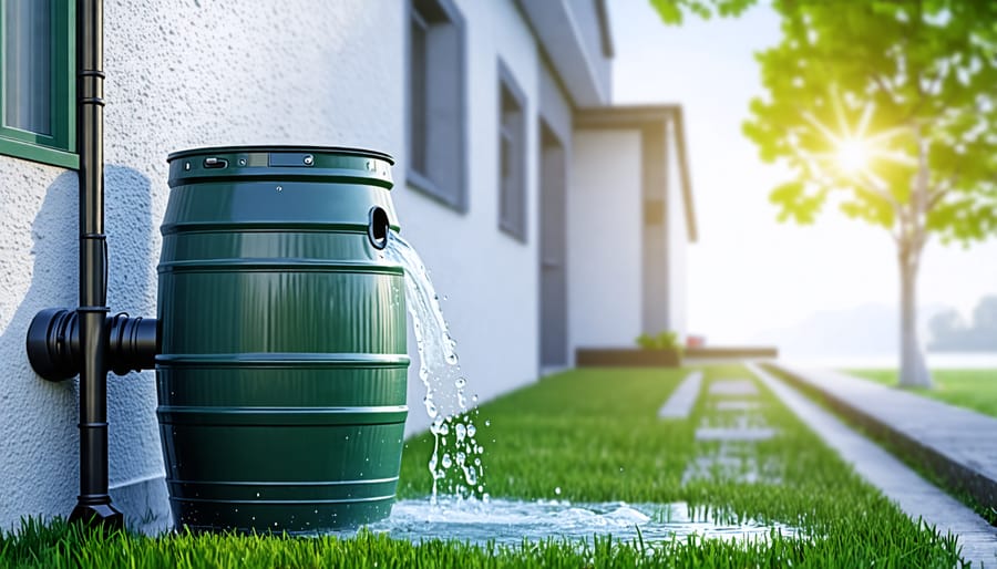 Rainwater collection system with a rain barrel capturing water from a roof gutter