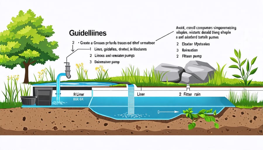 Illustrated cross-section of a rainwater pond with essential components labeled