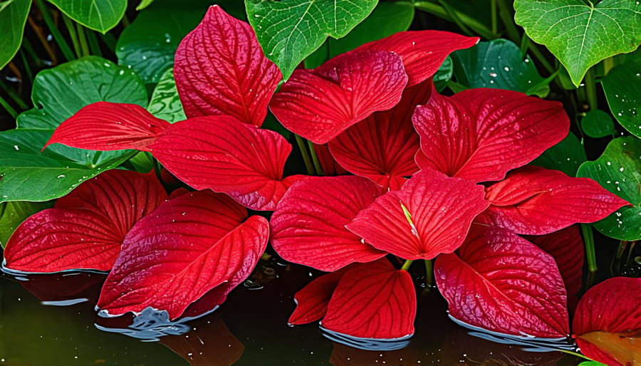 Striking red foliage of red ludwigia oxygenating plant in a small pond