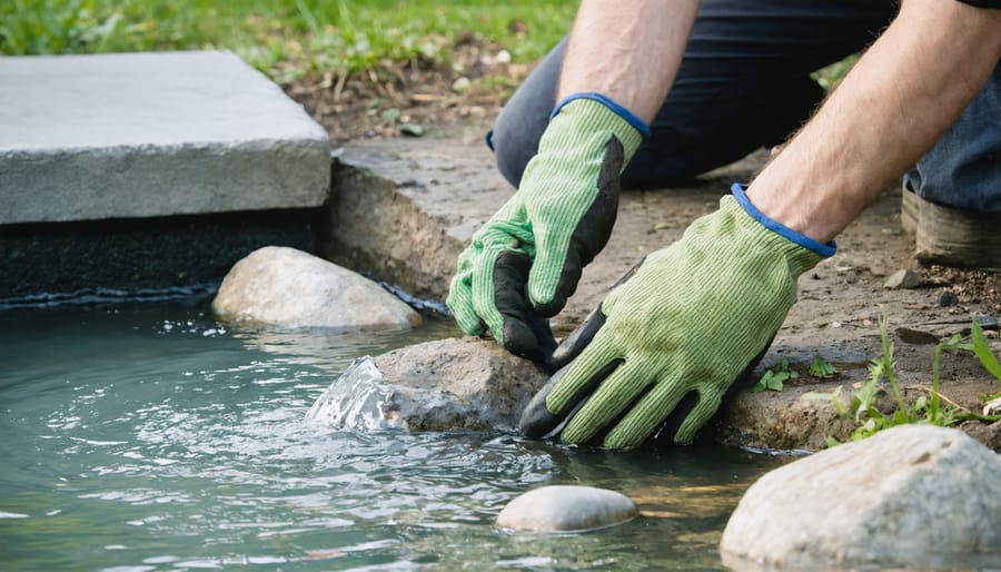 Close-up of hands attaching pond liner to the edge and disguising with rocks