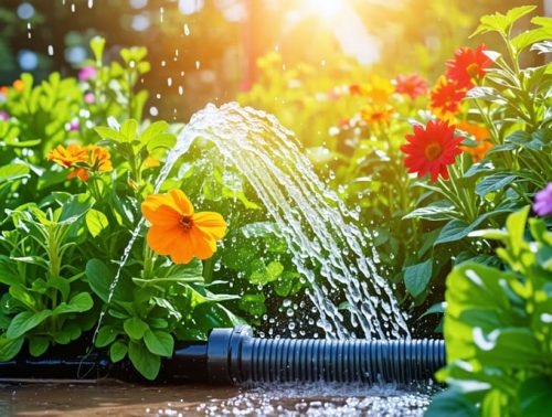 A flourishing garden with a variety of healthy plants being watered by a rainwater irrigation system, featuring a rain barrel connected to a downspout and drip lines delivering water to the roots.