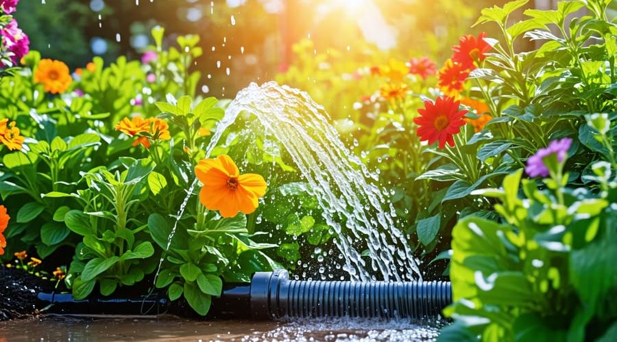 A flourishing garden with a variety of healthy plants being watered by a rainwater irrigation system, featuring a rain barrel connected to a downspout and drip lines delivering water to the roots.