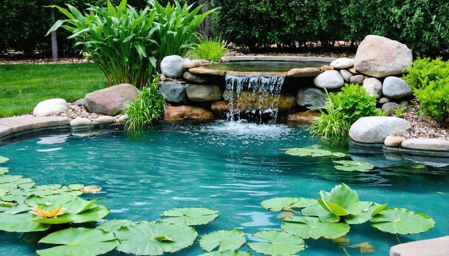 Tranquil backyard pond with healthy aquatic ecosystem