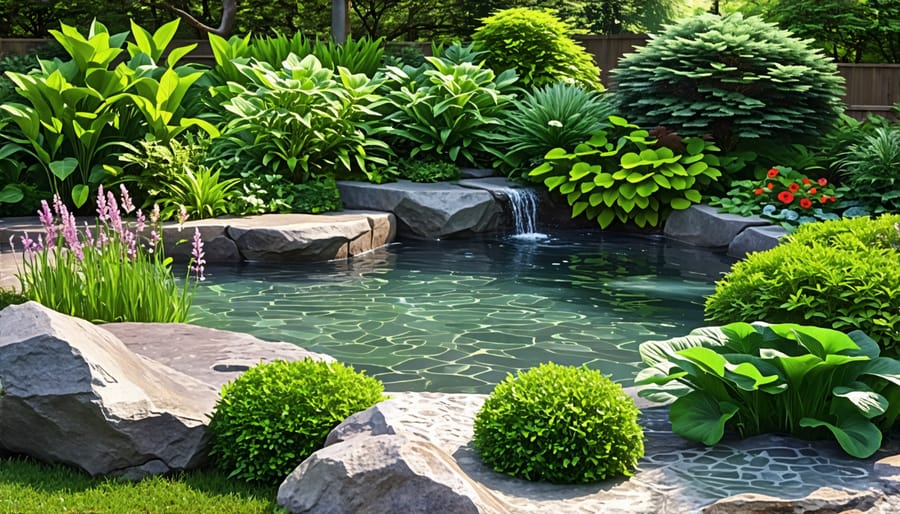 Tranquil backyard rainwater pond surrounded by plants and rocks