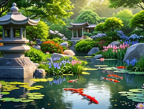 A tranquil Japanese-inspired pond displaying colorful koi fish among water lilies and irises, with a traditional stone lantern nestled at the water's edge, surrounded by asymmetrical rock formations, conveying harmony and balance.