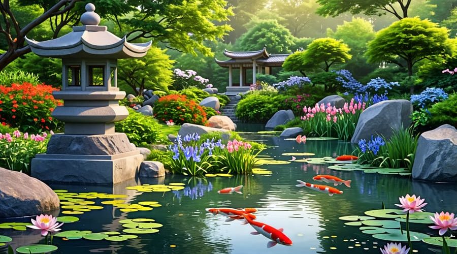 A tranquil Japanese-inspired pond displaying colorful koi fish among water lilies and irises, with a traditional stone lantern nestled at the water's edge, surrounded by asymmetrical rock formations, conveying harmony and balance.