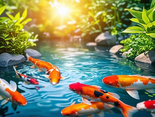 A picturesque koi pond with vibrant koi swimming in crystal-clear water, surrounded by lush greenery and aquatic plants. A pond thermometer and water testing kit can be seen in the foreground, emphasizing the importance of water monitoring.