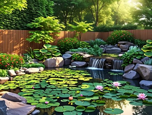 A tranquil backyard rainwater pond with lush vegetation and rocks, illuminated by soft sunlight, creating a serene atmosphere.