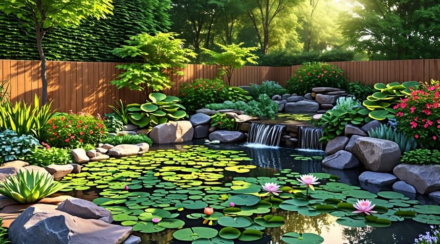 A tranquil backyard rainwater pond with lush vegetation and rocks, illuminated by soft sunlight, creating a serene atmosphere.