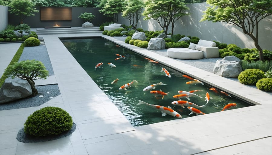 Modern rectangular koi pond design in a contemporary backyard setting