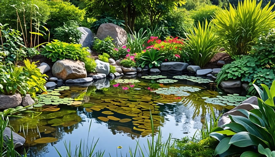 Charming small backyard pond surrounded by diverse plant life and stone edges