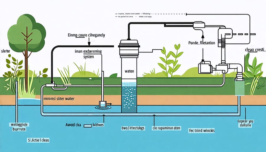 Illustration of how a small pond filter and pump system works to maintain clear water