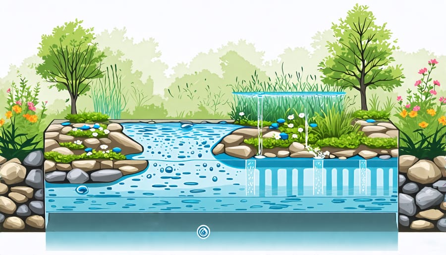 Illustration of an automated pond filtration system connected to IoT sensors