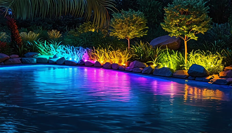 Pond showcasing vibrant, app-controlled IoT lighting system