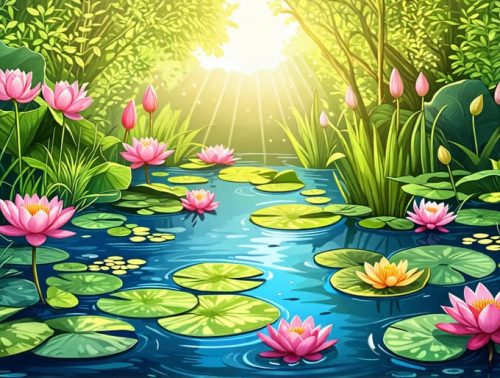 A tranquil pond showcasing an array of vibrant soilless pond plants, including elegant water lilies, majestic lotus, and charming water hyacinths, thriving in a colorful aquatic ecosystem.