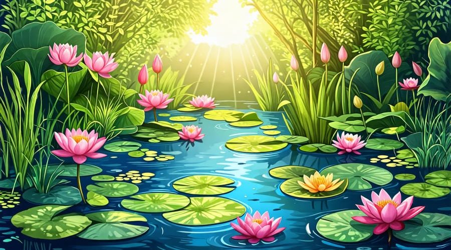 A tranquil pond showcasing an array of vibrant soilless pond plants, including elegant water lilies, majestic lotus, and charming water hyacinths, thriving in a colorful aquatic ecosystem.