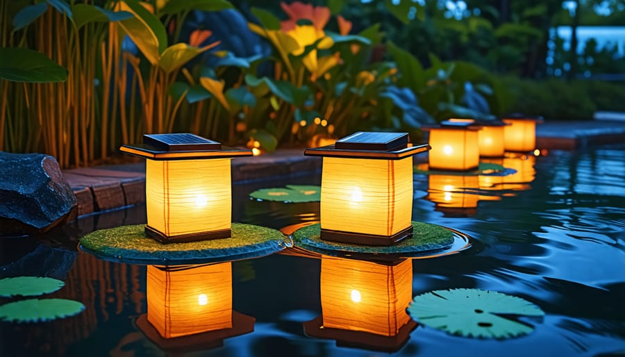 Enchanting solar floating lights bobbing gently on a peaceful koi pond