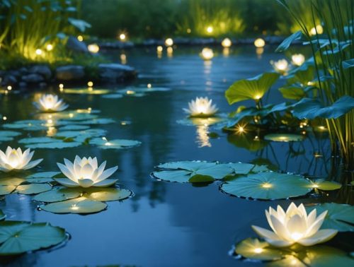 A tranquil pond illuminated by floating and submersible solar lights, creating a warm and magical nighttime atmosphere.