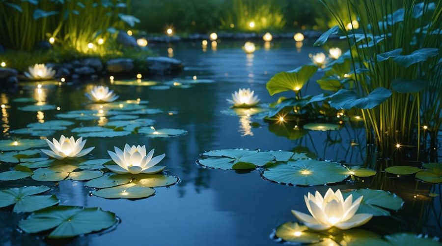 A tranquil pond illuminated by floating and submersible solar lights, creating a warm and magical nighttime atmosphere.