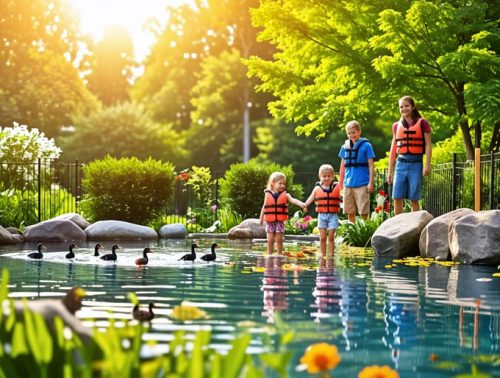 A family safely enjoying their backyard pond, protected by a sturdy safety fence, with children wearing life jackets and engaging in various pond activities.