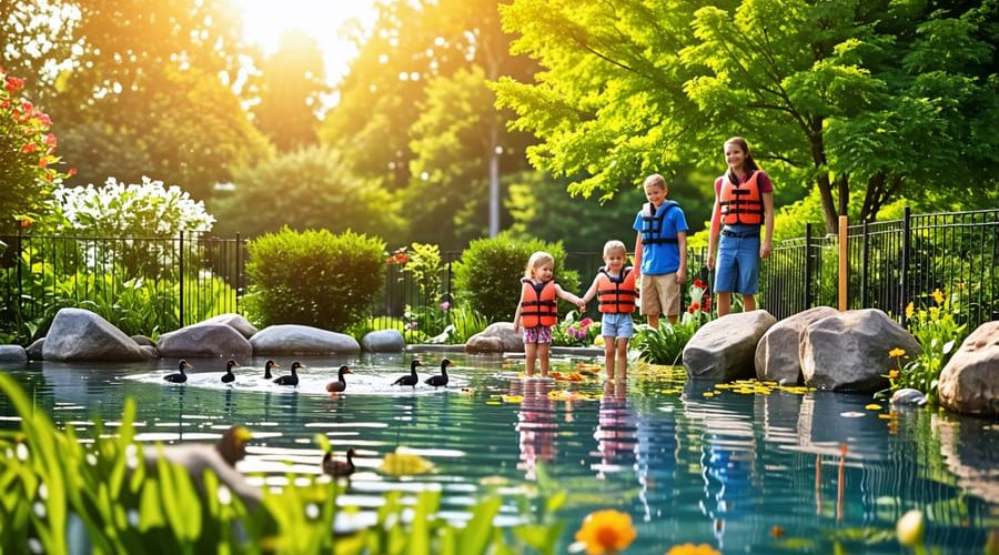 A family safely enjoying their backyard pond, protected by a sturdy safety fence, with children wearing life jackets and engaging in various pond activities.