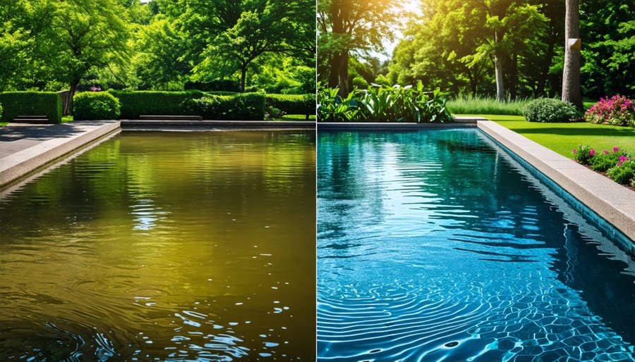 Contrasting images of an unhealthy stagnant pond and a thriving pond with clear water