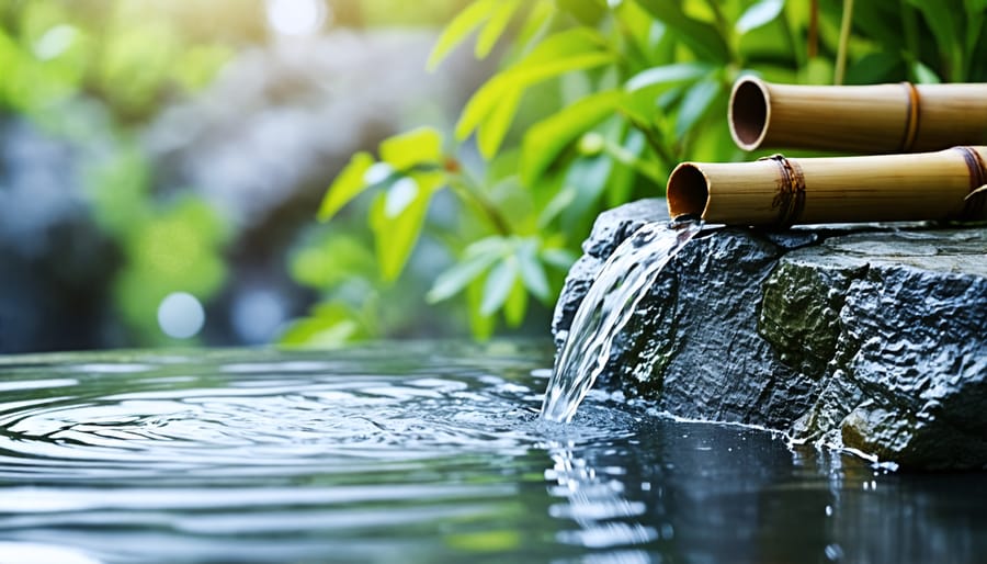 Traditional Japanese water basin with a bamboo water spout, symbolizing purification