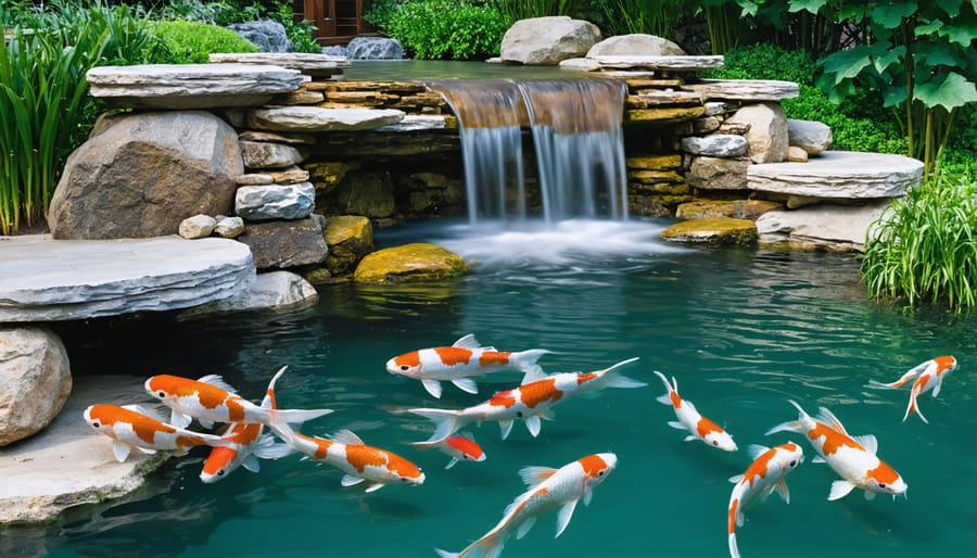 Tranquil koi pond with natural stone and waterfall elements