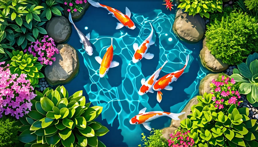 Aerial perspective of a well-maintained koi pond showcasing thoughtful design and serene aesthetics