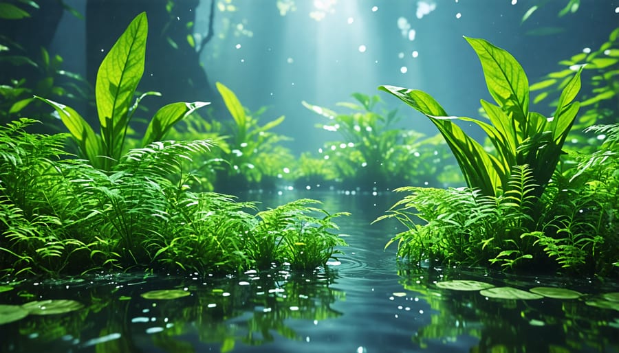 Submerged aquatic plants growing in a healthy pond ecosystem