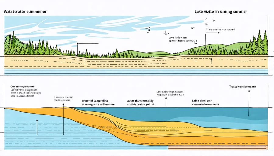 Illustration of summer lake stratification with epilimnion, metalimnion, and hypolimnion layers