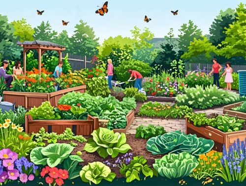 A vibrant and diverse sustainable garden featuring various plants and vegetables, a rainwater collection system, and people working together, symbolizing the benefits and practices of sustainable gardening.