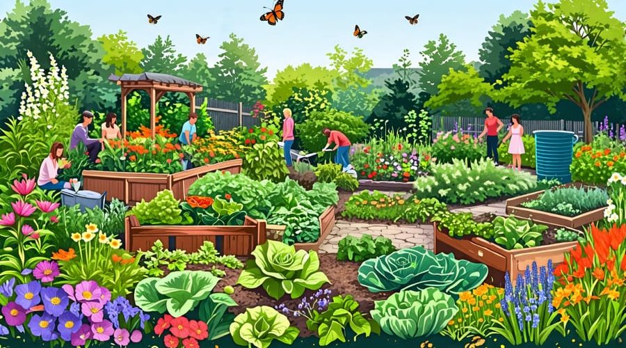 A vibrant and diverse sustainable garden featuring various plants and vegetables, a rainwater collection system, and people working together, symbolizing the benefits and practices of sustainable gardening.