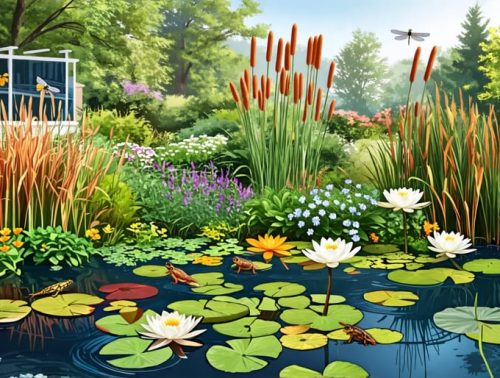 A vibrant and sustainable water garden featuring a variety of aquatic plants, rainwater harvesting elements, and local wildlife such as dragonflies and frogs, illustrating a balanced ecosystem.