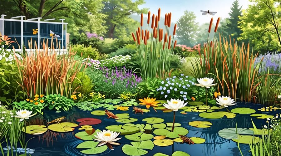 A vibrant and sustainable water garden featuring a variety of aquatic plants, rainwater harvesting elements, and local wildlife such as dragonflies and frogs, illustrating a balanced ecosystem.