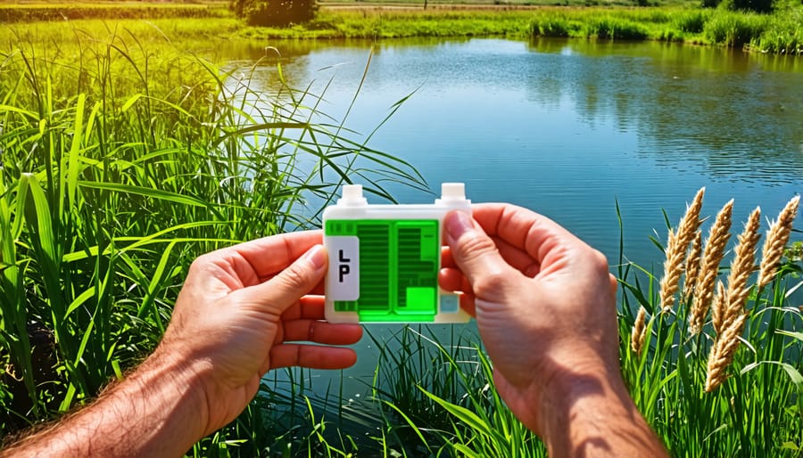 Person testing the pH level of farm pond water using a test kit