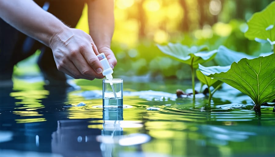 Person conducting pH testing on a pond using a home testing kit