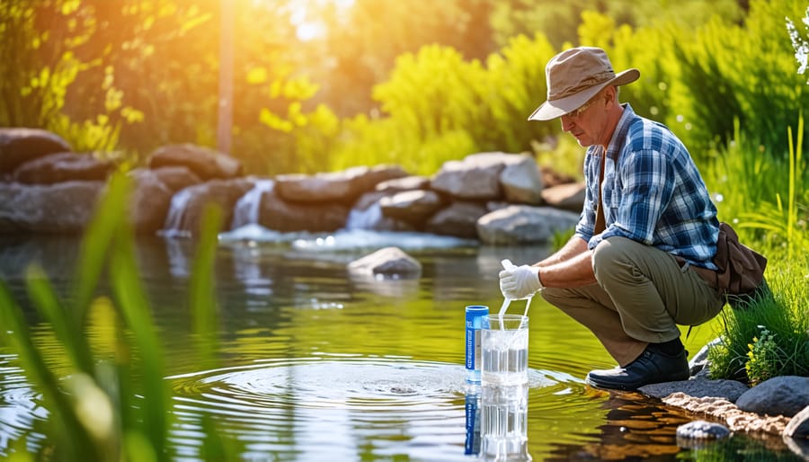 Person using a water test kit to check pond water chemistry