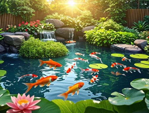 A serene backyard pond designed for goldfish breeding, featuring aquatic plants and vibrant goldfish swimming under sunlight.