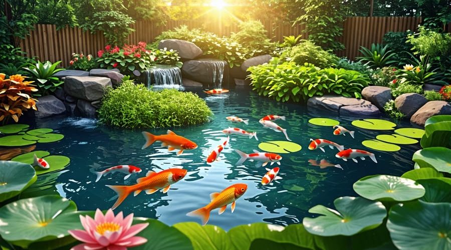 A serene backyard pond designed for goldfish breeding, featuring aquatic plants and vibrant goldfish swimming under sunlight.