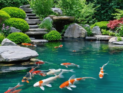 A tranquil backyard pond ecosystem with clear water, vibrant aquatic plants, and koi fish, illustrating a balanced and thriving pond environment.