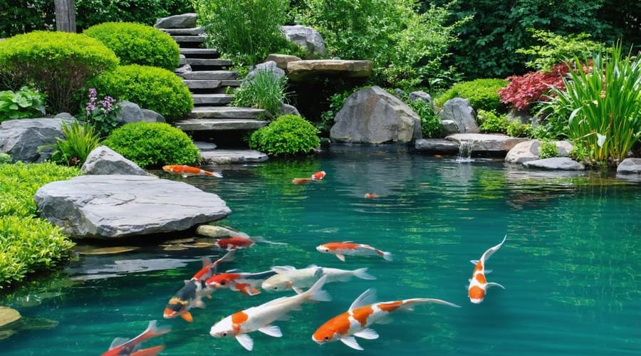 A tranquil backyard pond ecosystem with clear water, vibrant aquatic plants, and koi fish, illustrating a balanced and thriving pond environment.