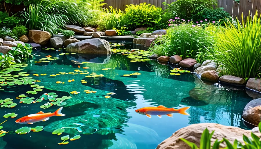 Thriving ecosystem in a well-maintained backyard pond