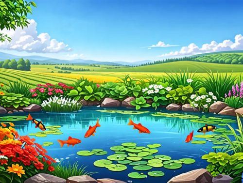 A thriving farm pond ecosystem featuring vibrant aquatic plants and colorful fish swimming in clear water, depicting a balanced and healthy environment.