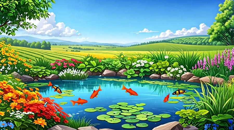 A thriving farm pond ecosystem featuring vibrant aquatic plants and colorful fish swimming in clear water, depicting a balanced and healthy environment.